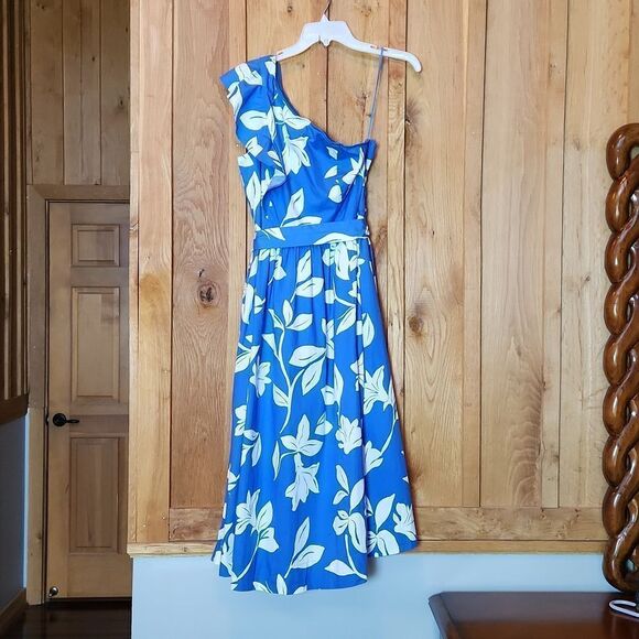 J. Crew One Shoulder Ruffle Hawaiian Midi Dress, Size 6, Blue & White Floral - Picture 1 of 13